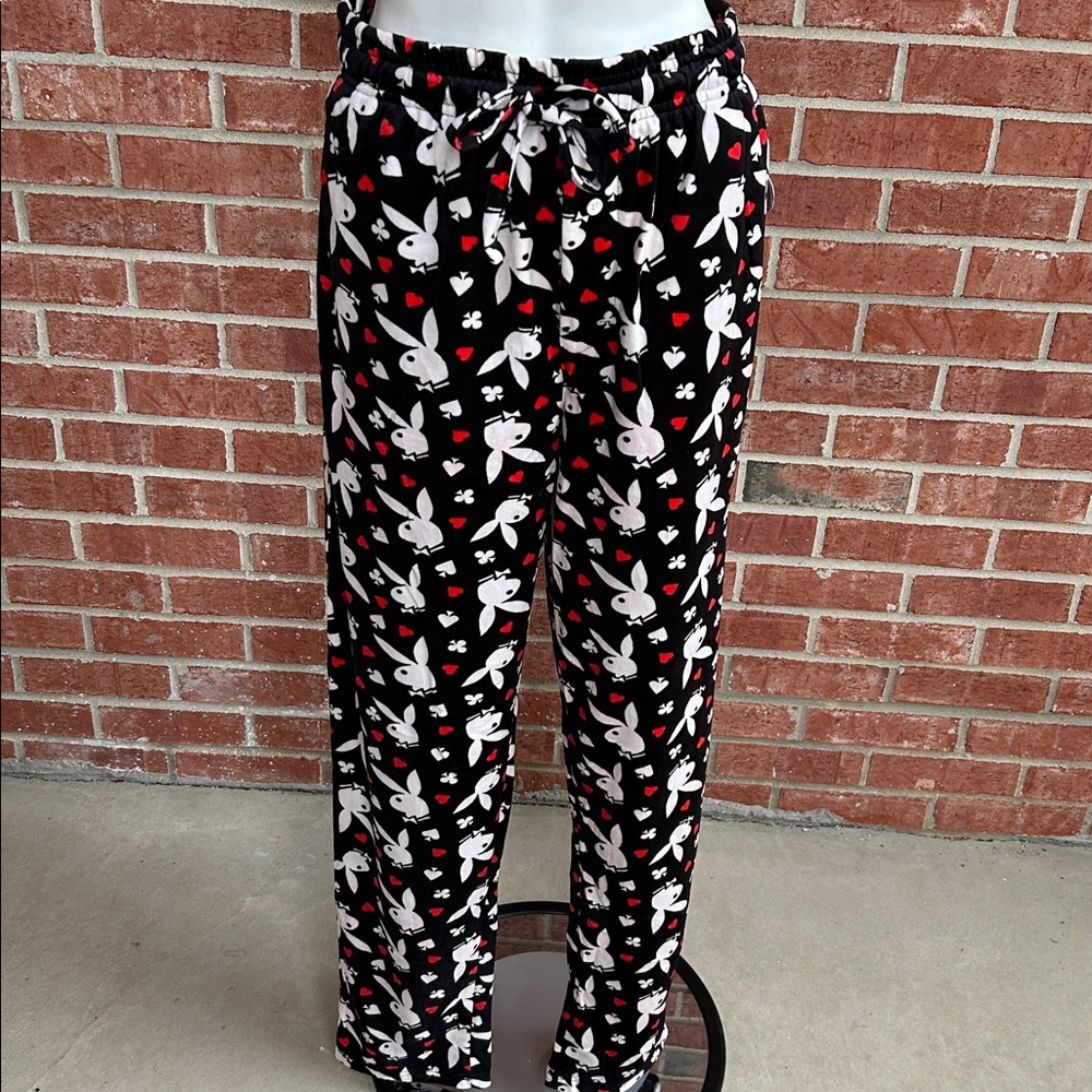 PLAYBOY BUNNY Authentic Black/Multi Logo Faux Sueded Men’s XL Sleep Pants